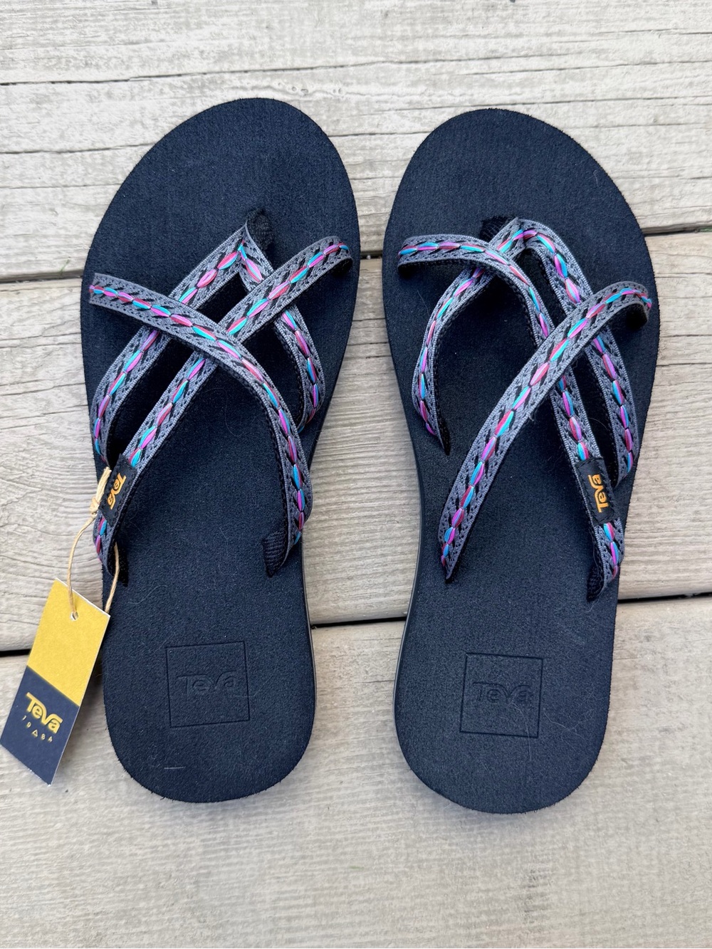 Teva Black Sandals with Purple & Teal Braided Straps